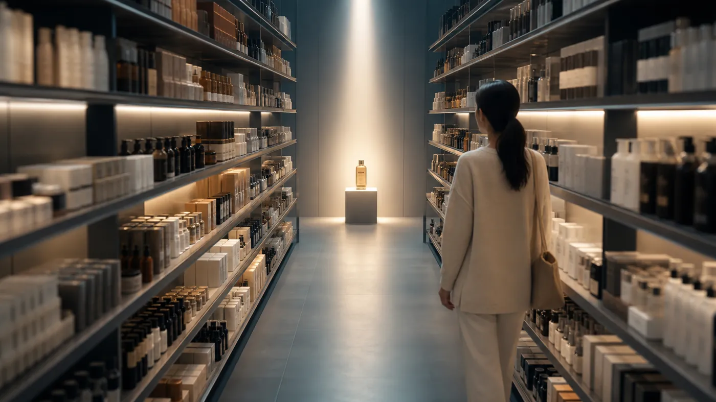 A glowing product revealed at the end of a corridor of blurred shelves by a beam of light