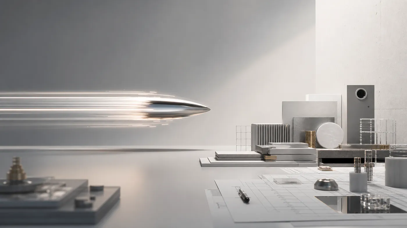 Sleek premium object streaking through darkness with elegant light trails