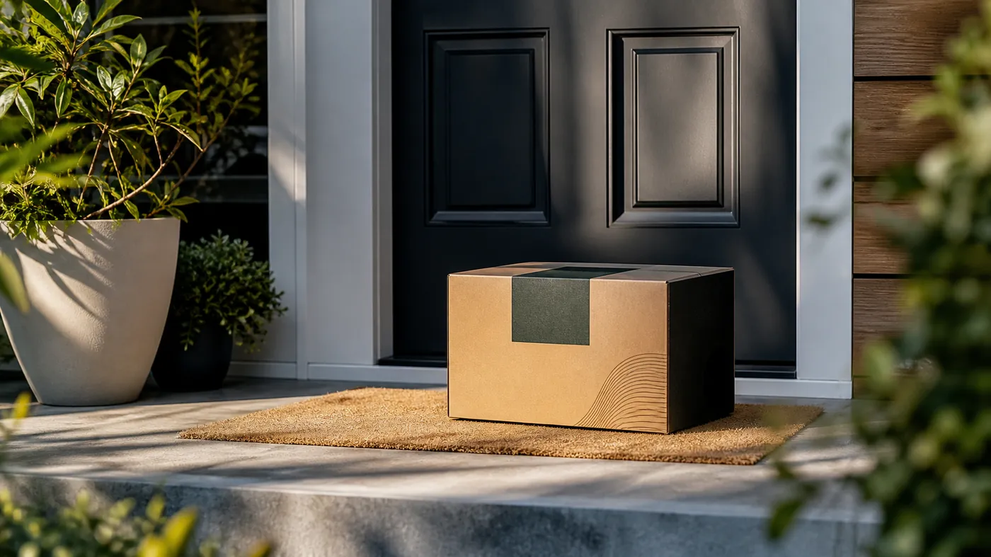 Premium recurring delivery box on a doorstep in soft morning light