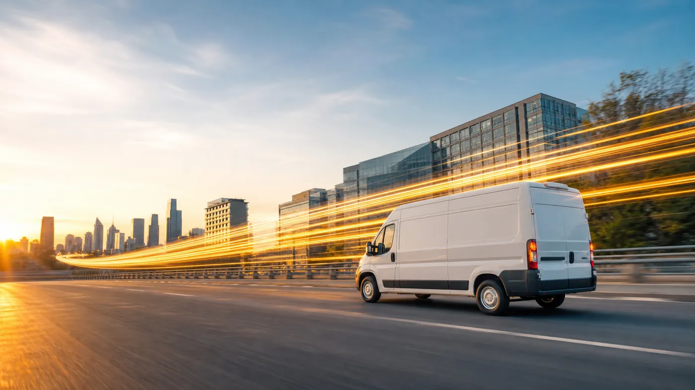 Fast-moving delivery parcel with elegant light trails suggesting speed