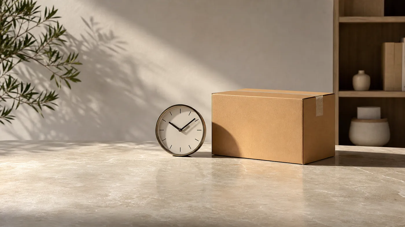 Minimalist clock face beside a premium shipping parcel under dramatic side light