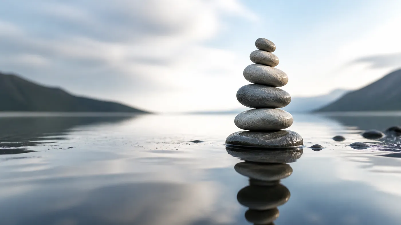 Smooth river stones stacked in perfect balance on dark still water