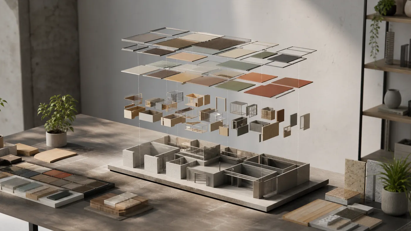 Exploded axonometric view of neat modular blocks floating apart in ordered layers