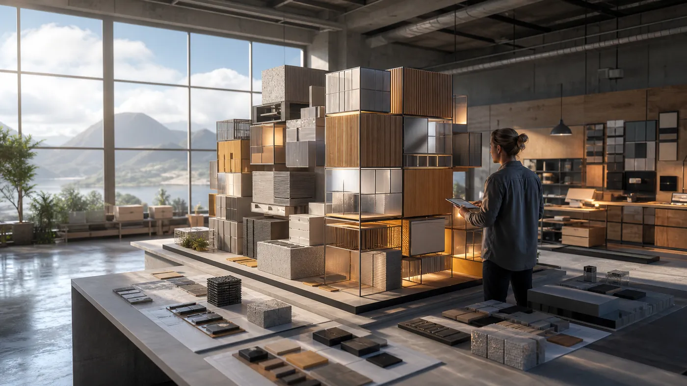 A towering modular structure built from stacked glowing building blocks rising into darkness
