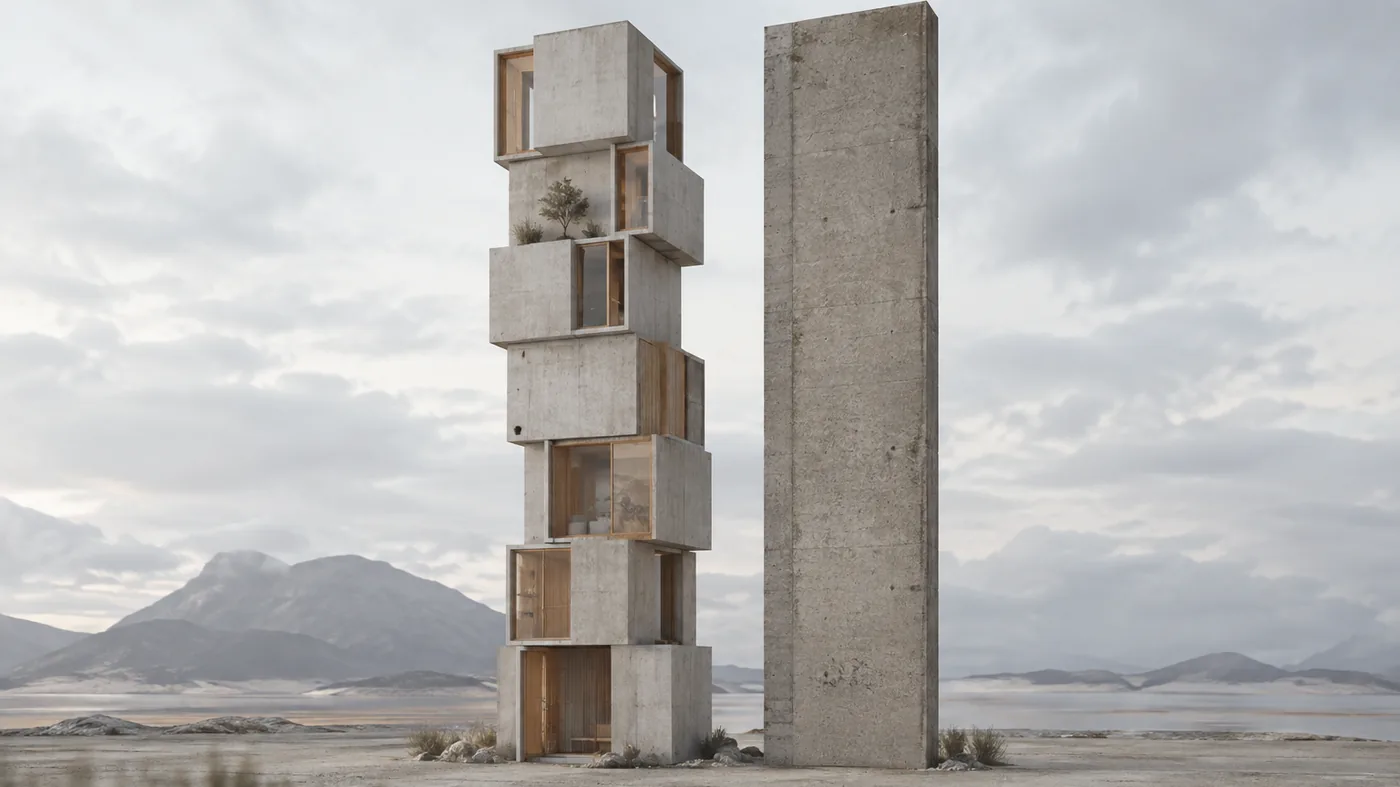 Modular building blocks arranged into a page layout beside a heavier prefabricated slab