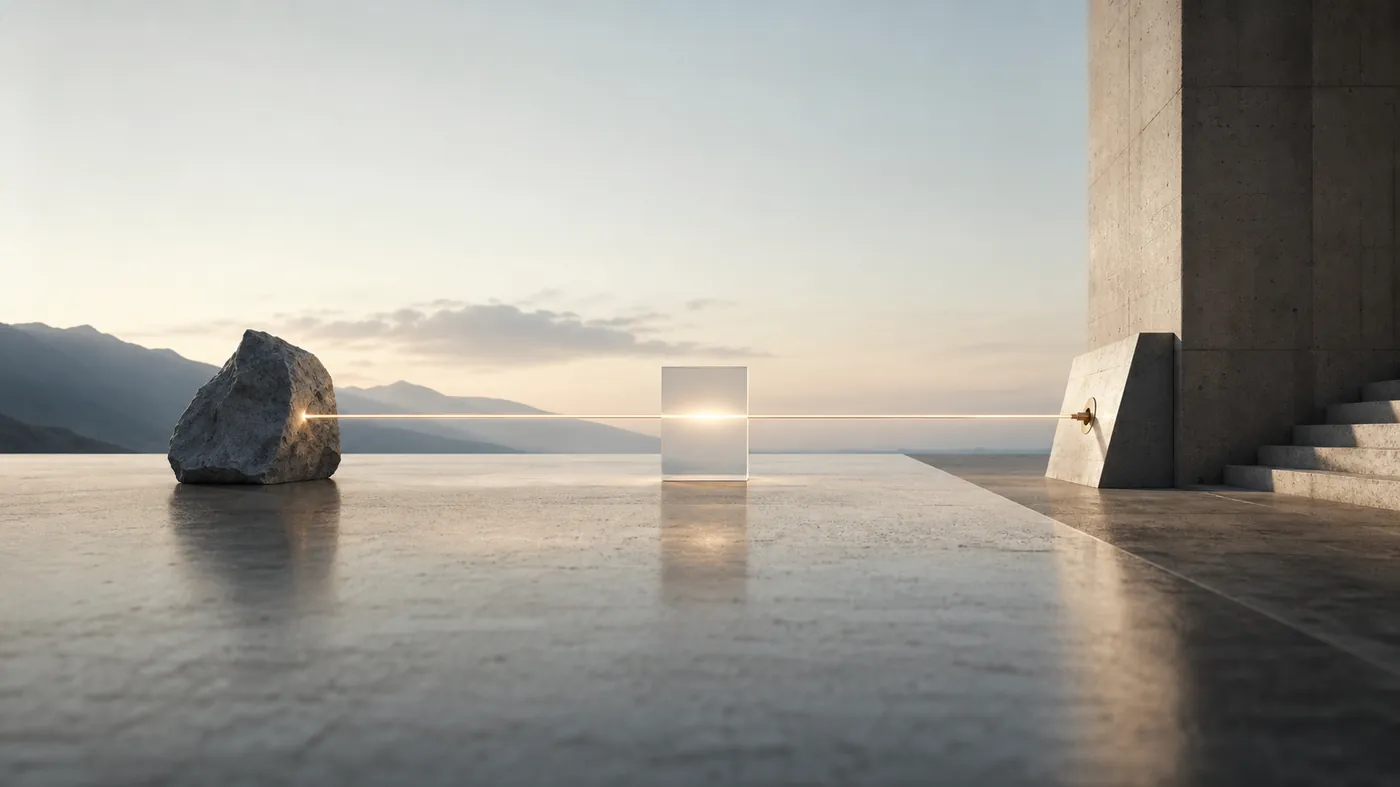 A taut cable of light resolving into a solid anchored architectural form
