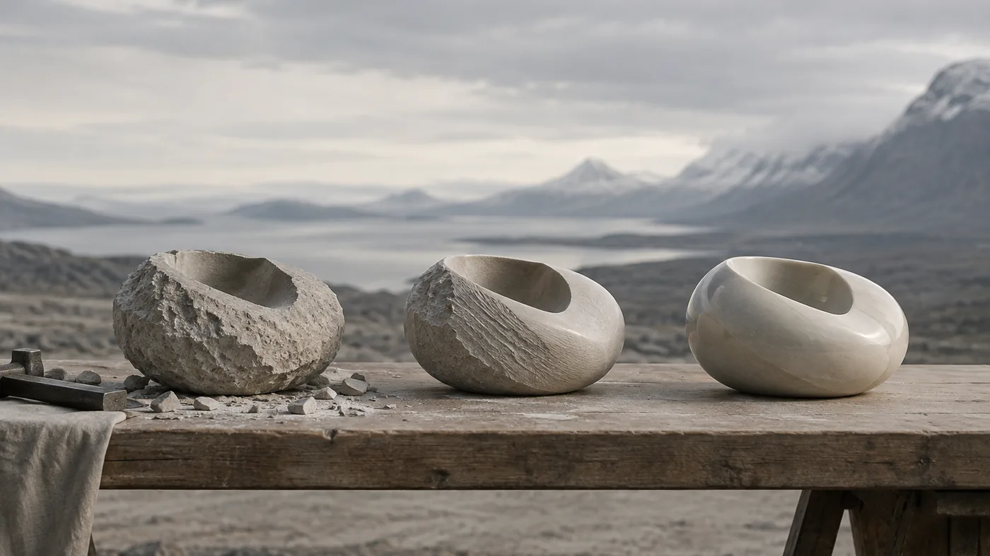 Three identical objects on a workbench, each finished to a different level of detail