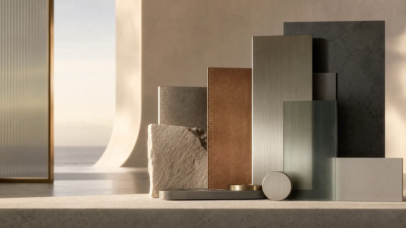 Macro of premium materials, brushed metal, matte glass and fine leather in layered planes