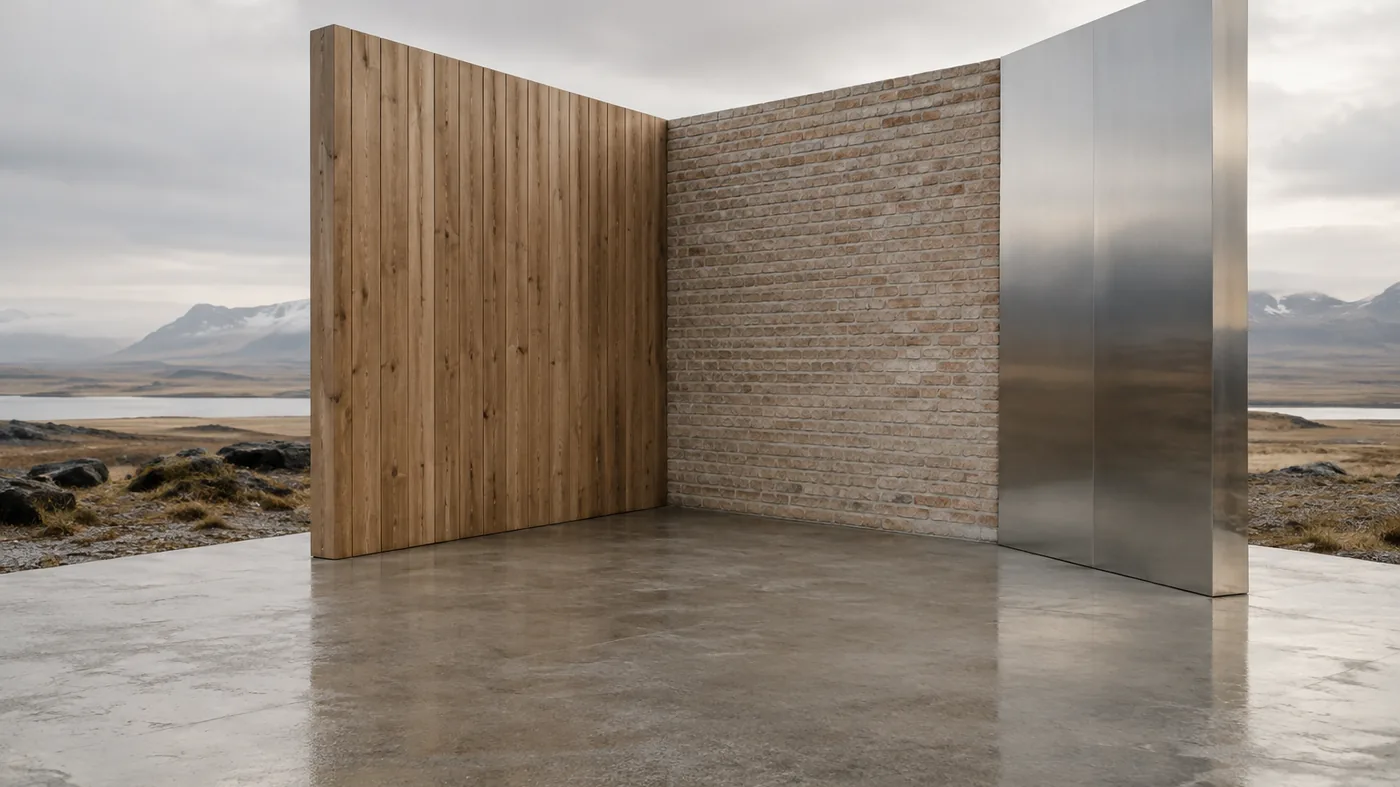 Three walls of different materials meeting at a corner, each requiring a different tool