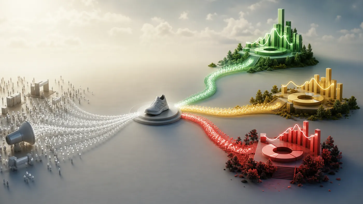 Concept image of duplicated glowing data signals drifting apart from a single product