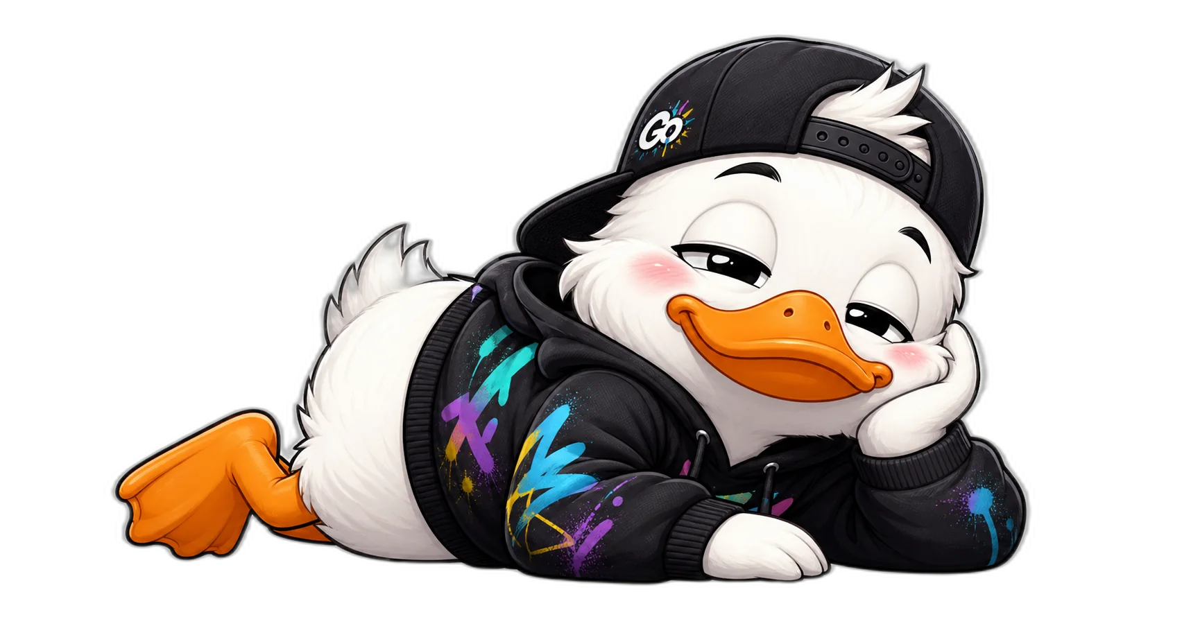 GooGoGoGo mascot duck lounging and resting