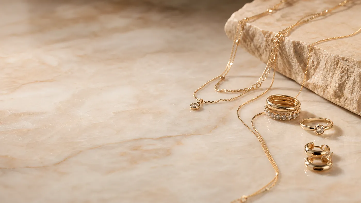 Delicate 18k gold chains and stacked rings on warm cream marble under soft rose light
