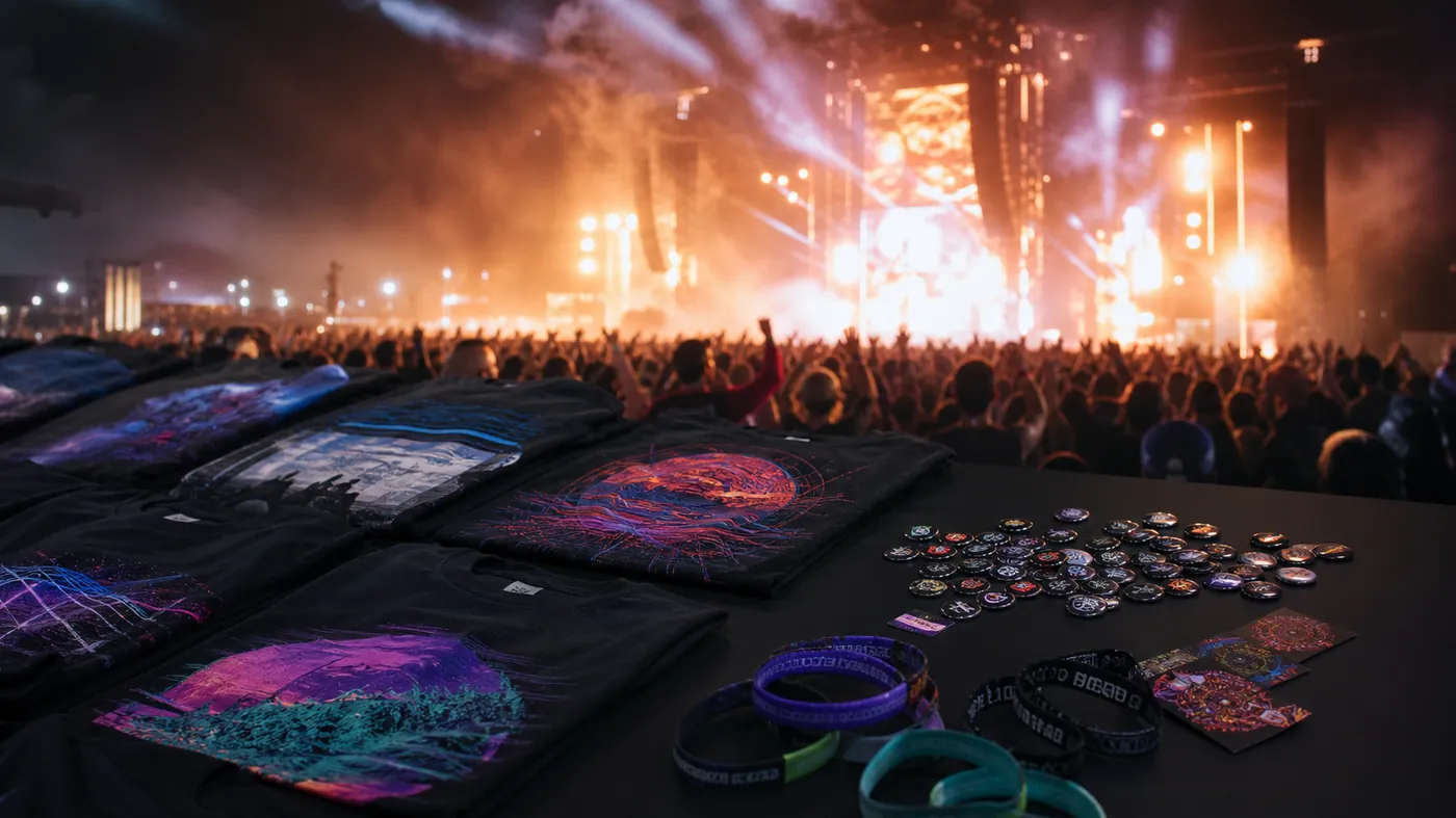 Folded festival tour shirts, pins and wristbands on a dark table with stage lights glowing behind