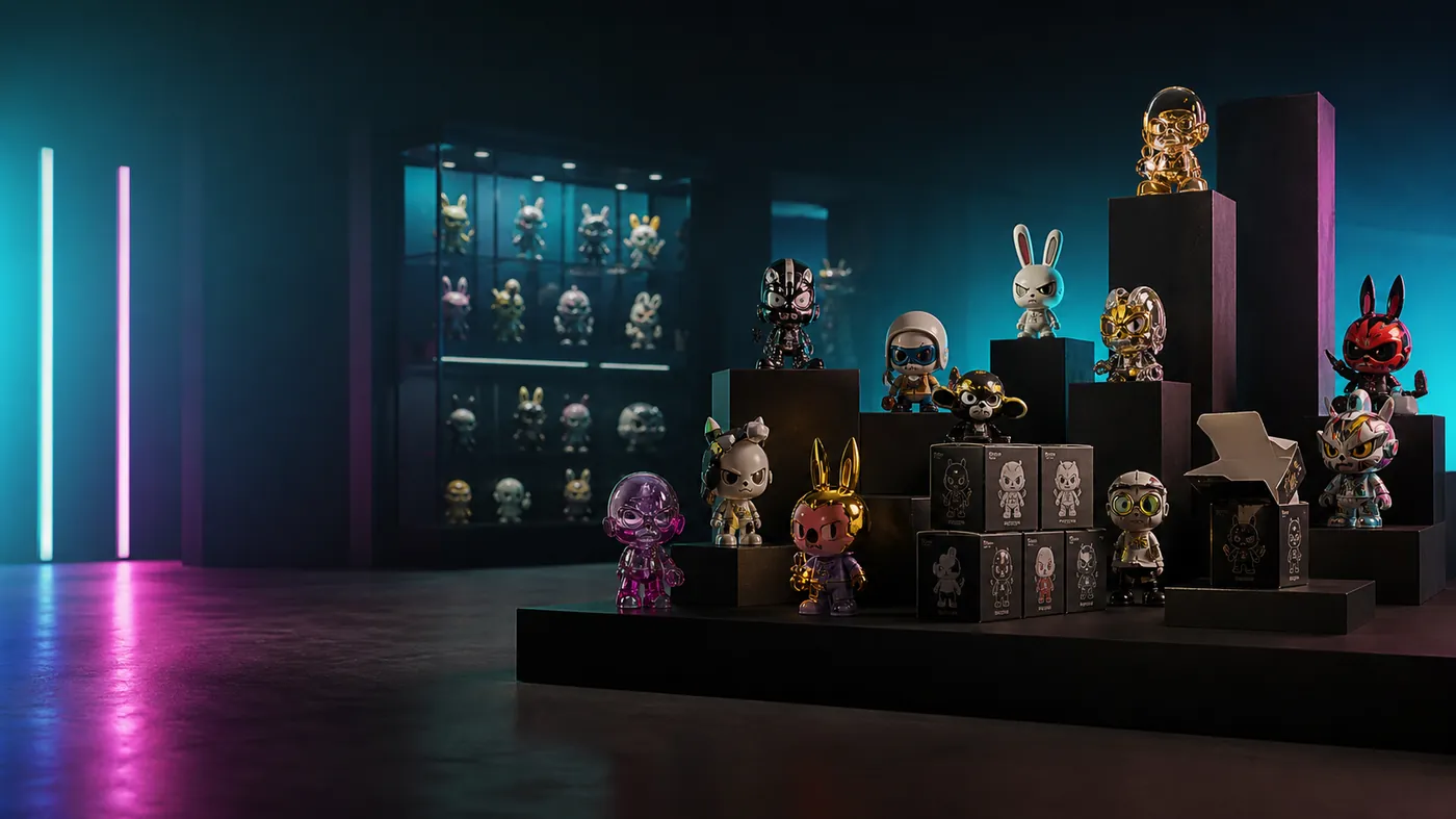 Vinyl designer art toys and sealed blind boxes lit with teal and magenta neon on a dark gallery pedestal