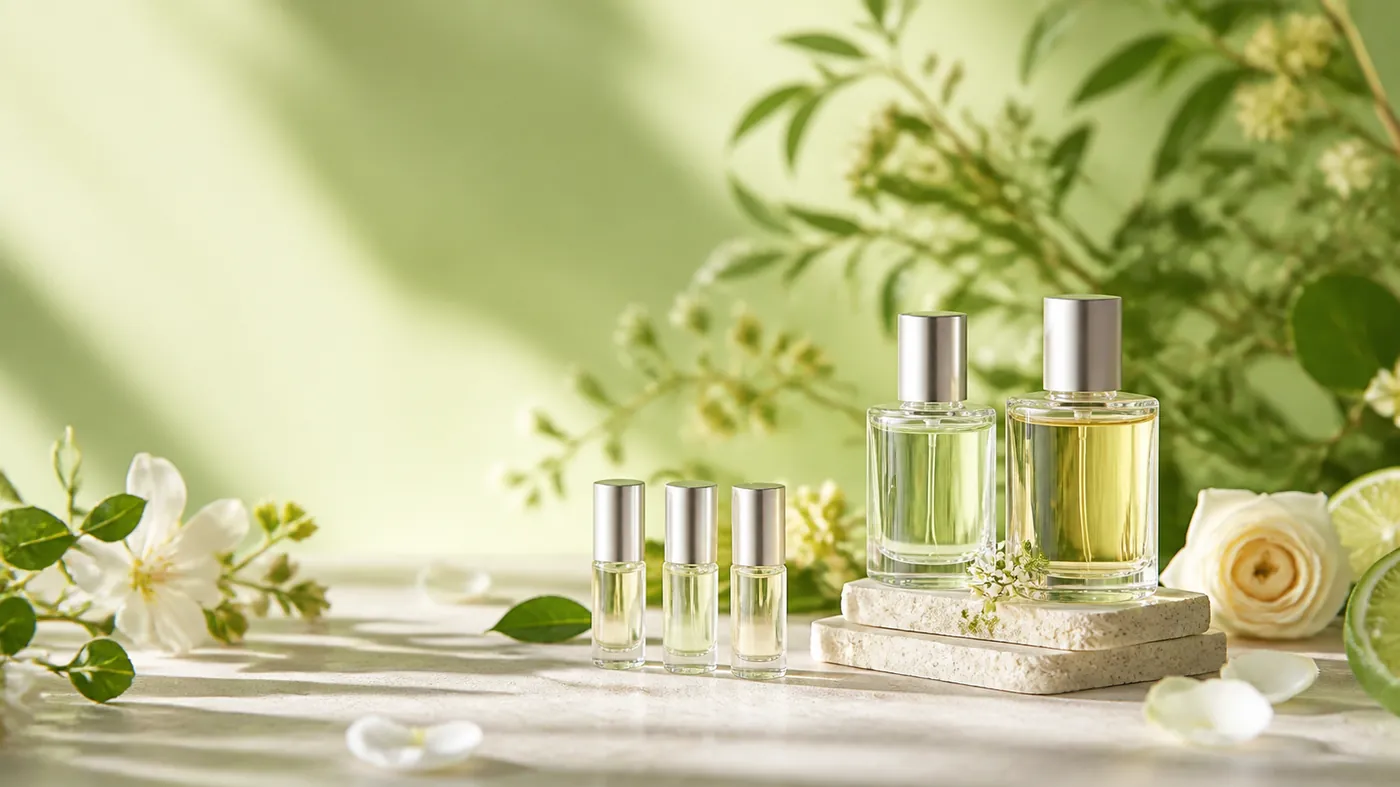 Minimalist clean fragrance bottles among fresh botanicals and petals under a soft lime accent light