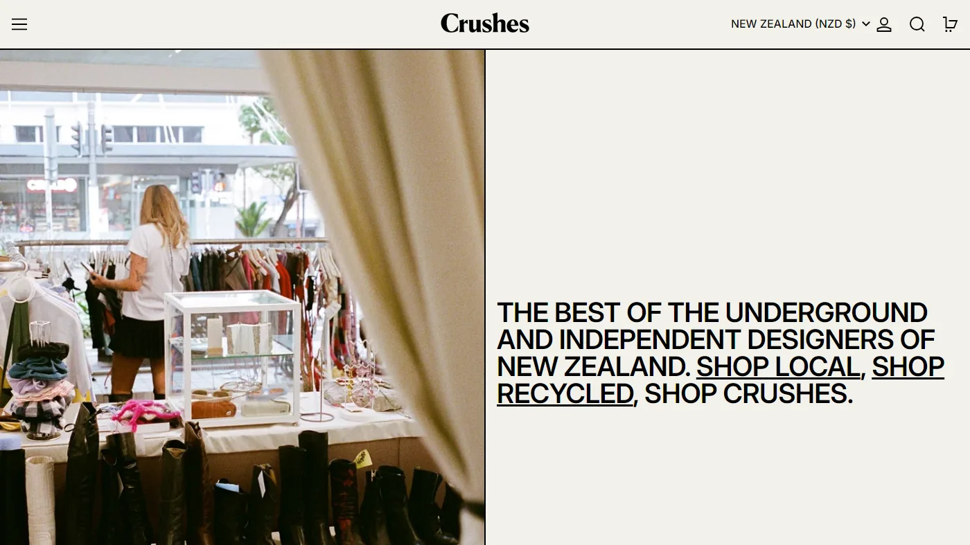 The Crushes homepage: a centred serif wordmark above a split hero — boots lined up in the shop beside a cream panel of copy.