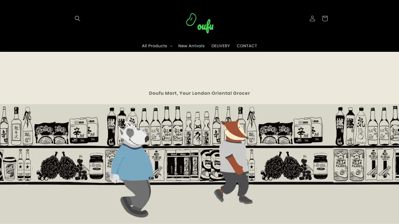 The Doufu Mart homepage: a green script logo on a black nav bar, above an illustrated dog and fox walking past shelves of Asian drinks.