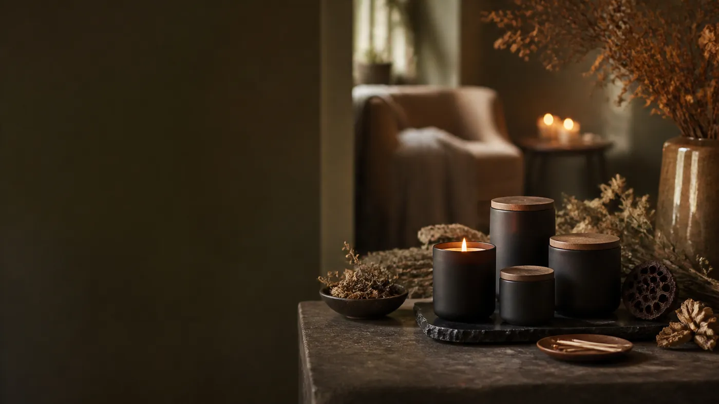 Amber and matte-black artisan candles, one lit, among dried botanicals on dark stone