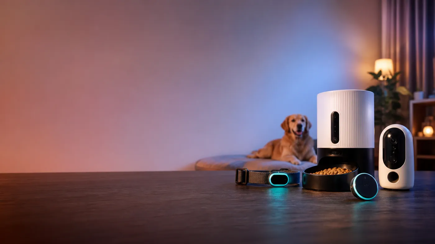 Smart pet collar with glowing tracker node and minimalist automatic feeder on a dark surface with magenta and teal glow