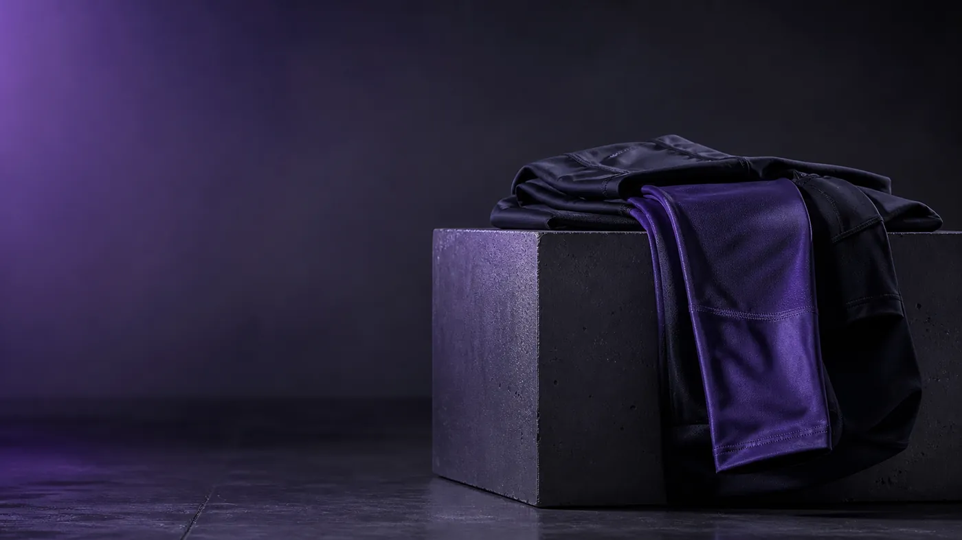 Folded matte compression training gear draped over a dark concrete plinth under dramatic violet side lighting