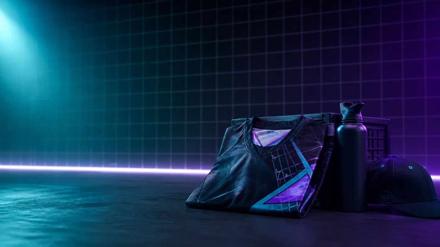 Folded esports jersey and gear lit by teal and violet RGB against a grid-lit backdrop