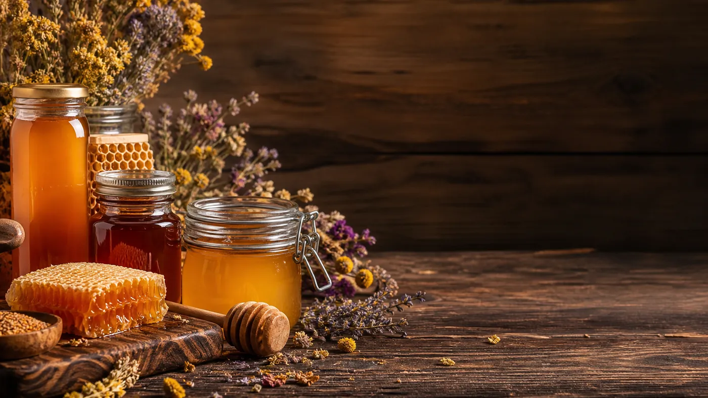 Amber honey jars, a wooden dipper and a honeycomb wedge styled with dried wildflowers on dark walnut wood