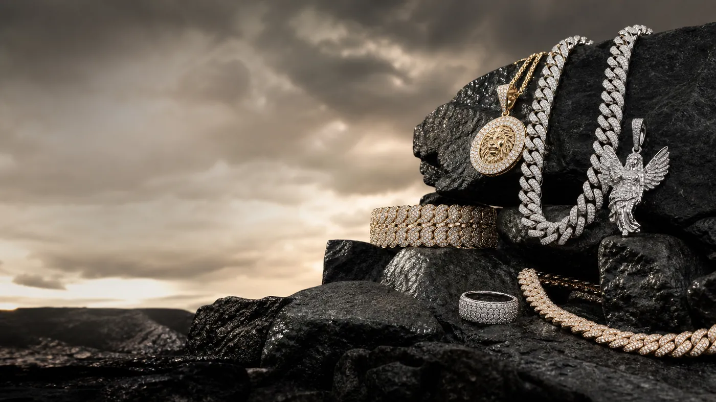 Diamond chains and iced-out jewelry on black rocks