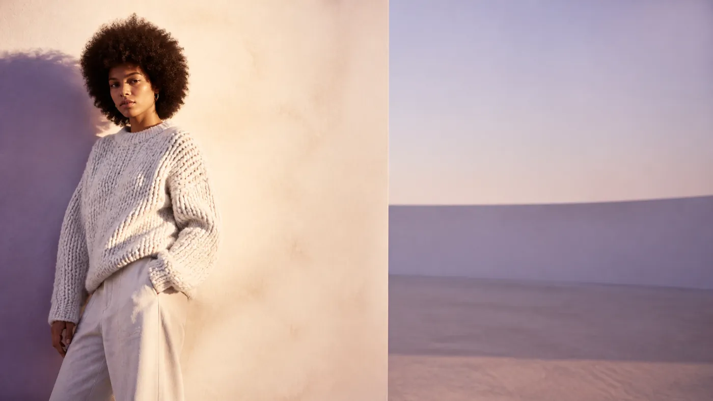 Chunky hand-knit sweaters in undyed natural wool stacked in warm daylight with soft violet shadow