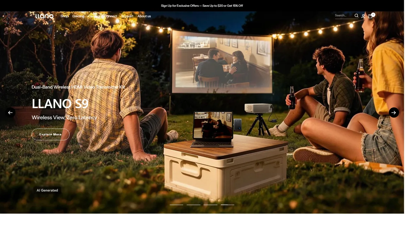 The llano homepage: an outdoor movie night lit by string lights, promoting a wireless HDMI kit.