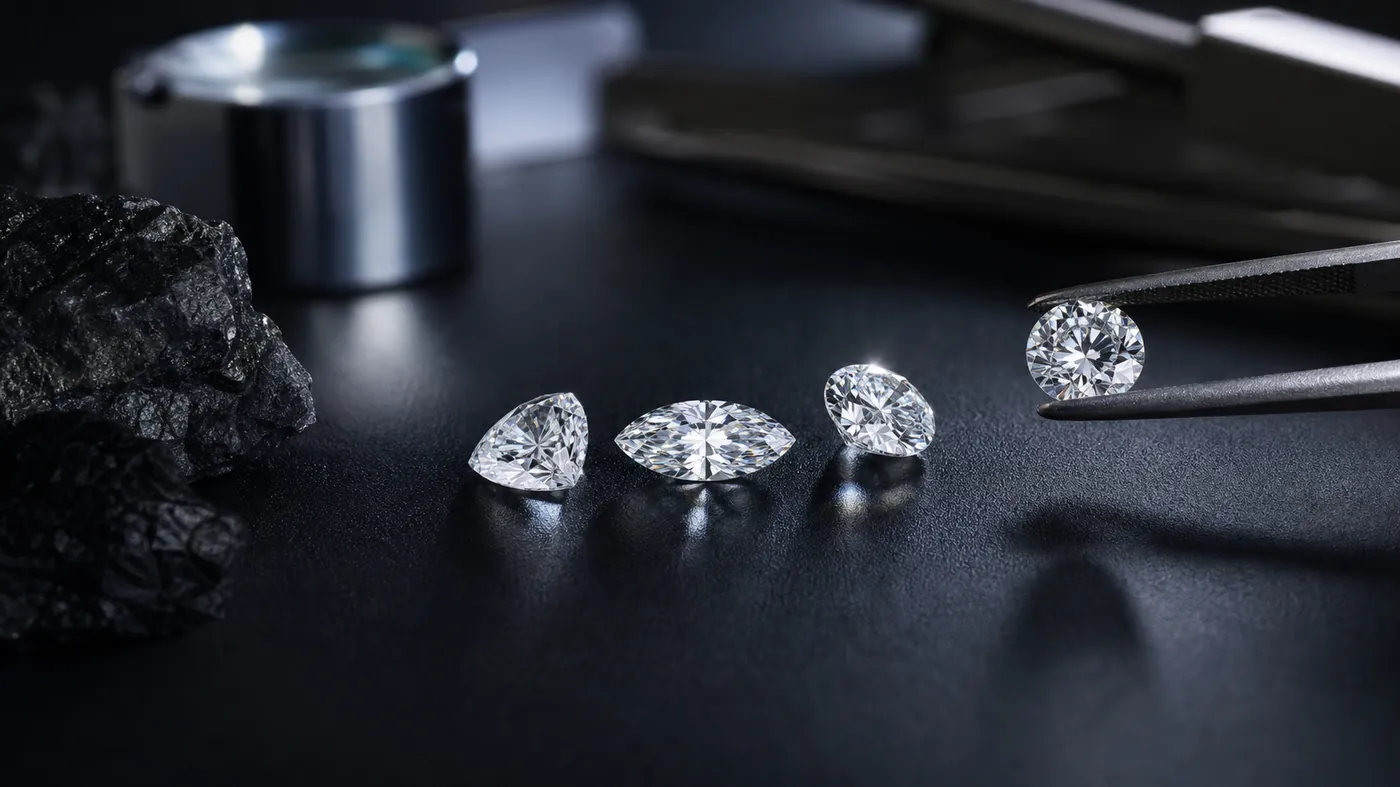 Brilliant-cut lab-grown diamonds on matte black with teal light refraction and precision tweezers
