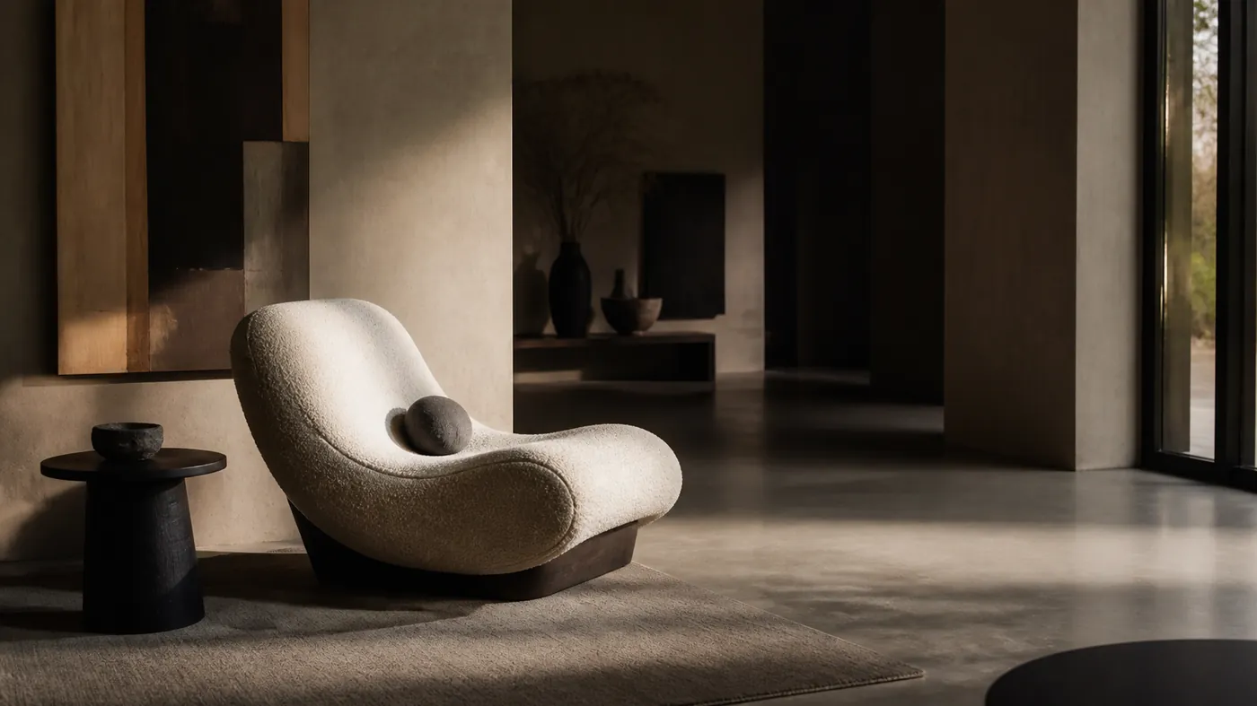 A sculptural modern lounge chair lit dramatically in a dark concrete showroom