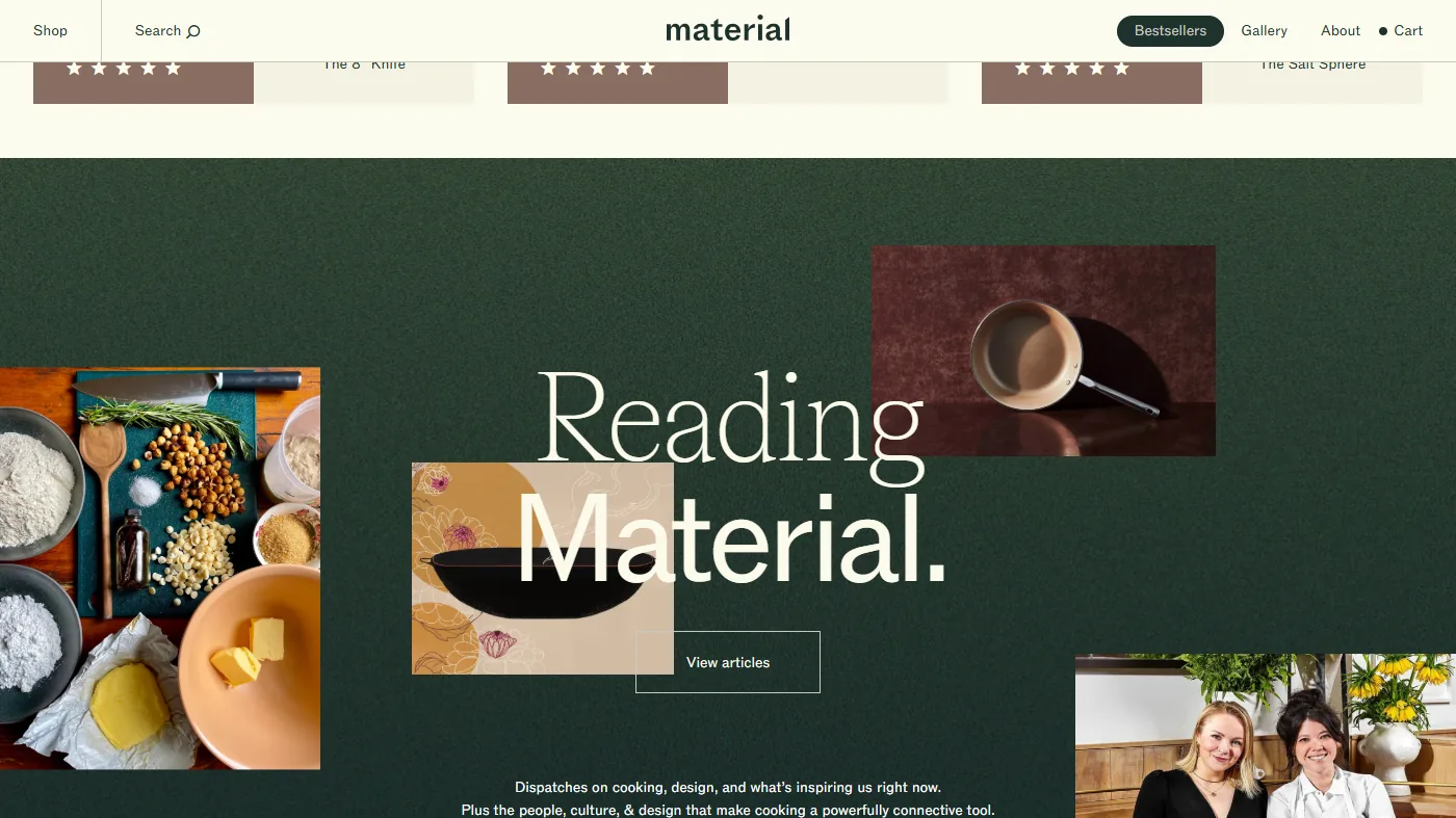 The Material Kitchen site: the lowercase wordmark above a dark green Reading Material band collaging a copper pan and two cooks.