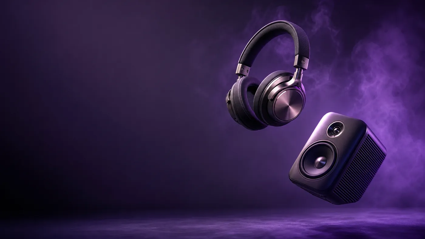 Sculptural over-ear headphones and machined speaker floating in a dark studio with violet haze
