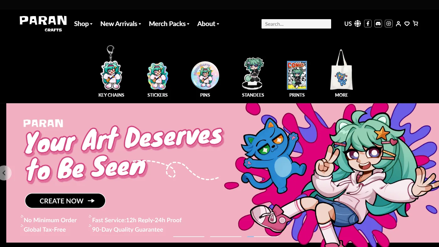 The ParanCrafts homepage: illustrated merch categories above a pink hero banner reading Your Art Deserves to Be Seen.