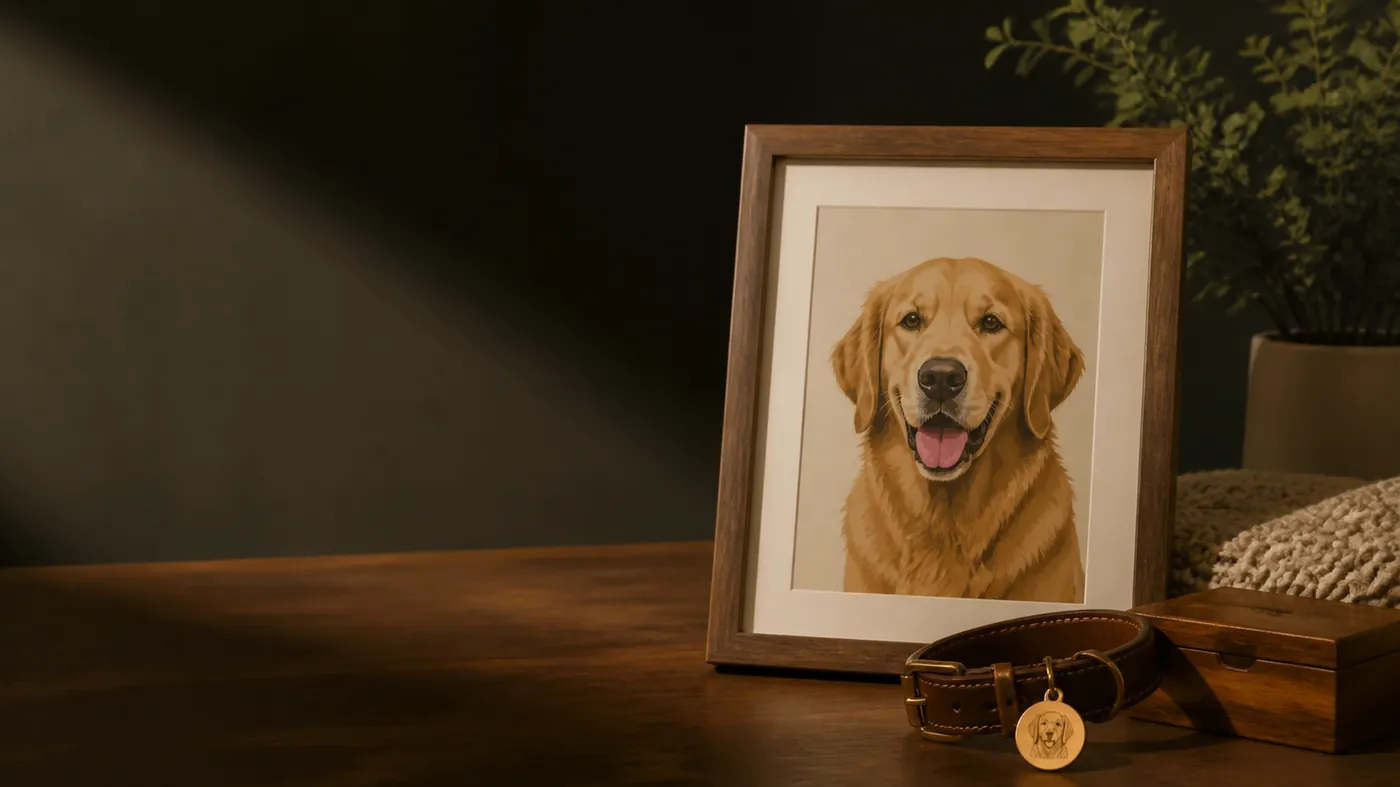 Framed minimalist pet portrait and engraved pet tag on a dark studio table with warm key light