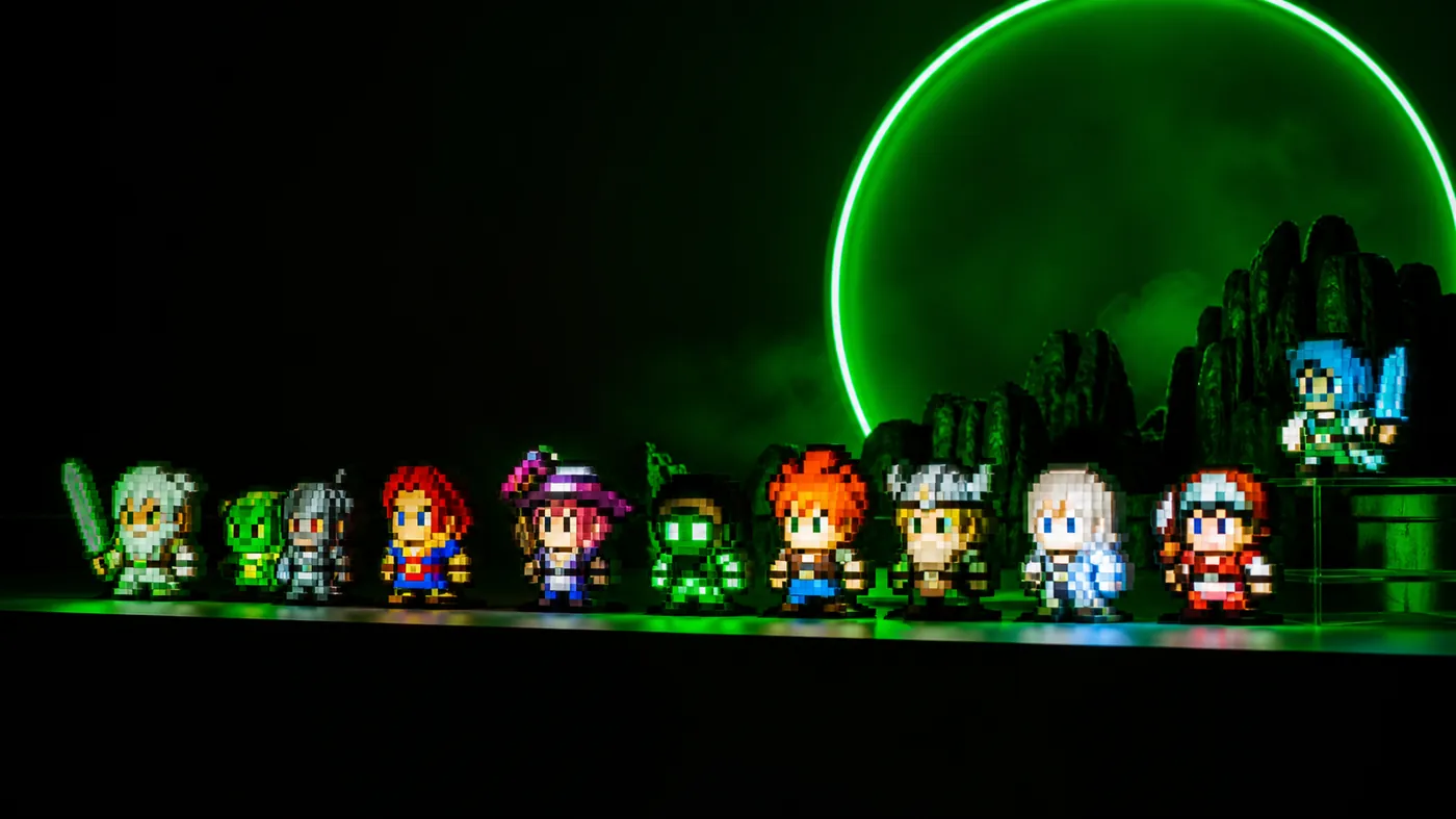 A lineup of voxel-style collectible character figures glowing under lime-green neon on a dark studio shelf