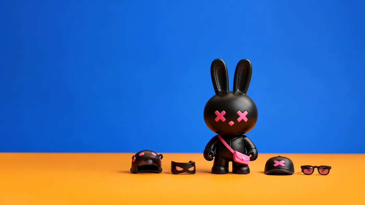Black designer rabbit collectible and accessories on a bold blue and orange studio set