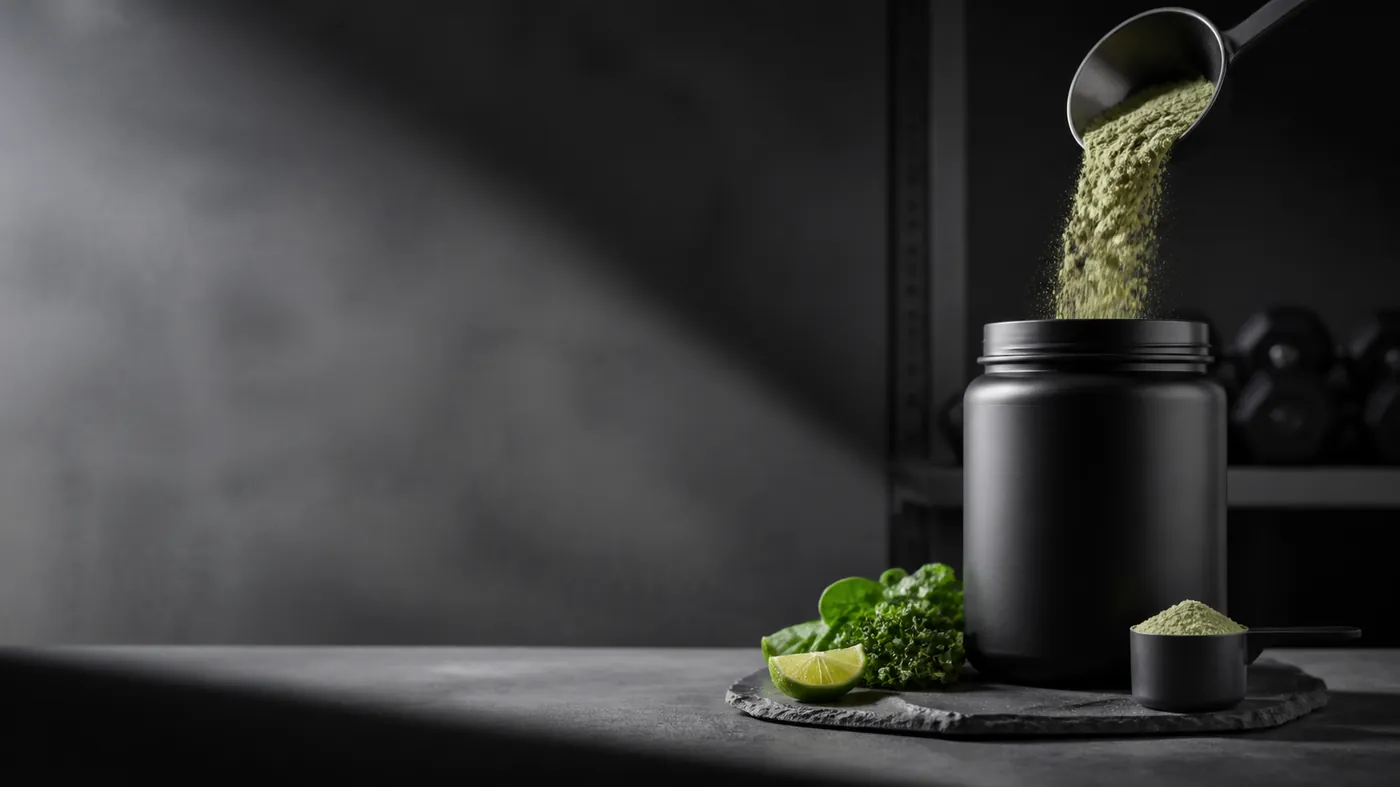 Apothecary jar and scoop of pale green powder mid-pour catching lime-green studio light on dark stone