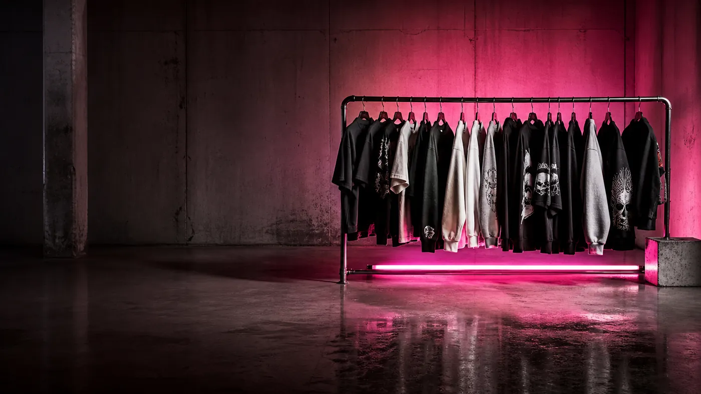 A rack of oversized graphic streetwear in a raw concrete studio cut by magenta neon light