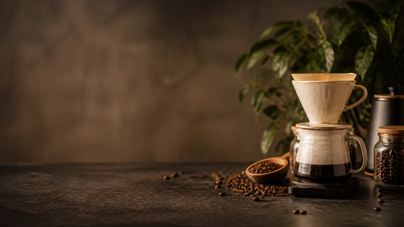 Ceramic pour-over dripper and scattered dark-roast beans lit by warm amber light on dark stone