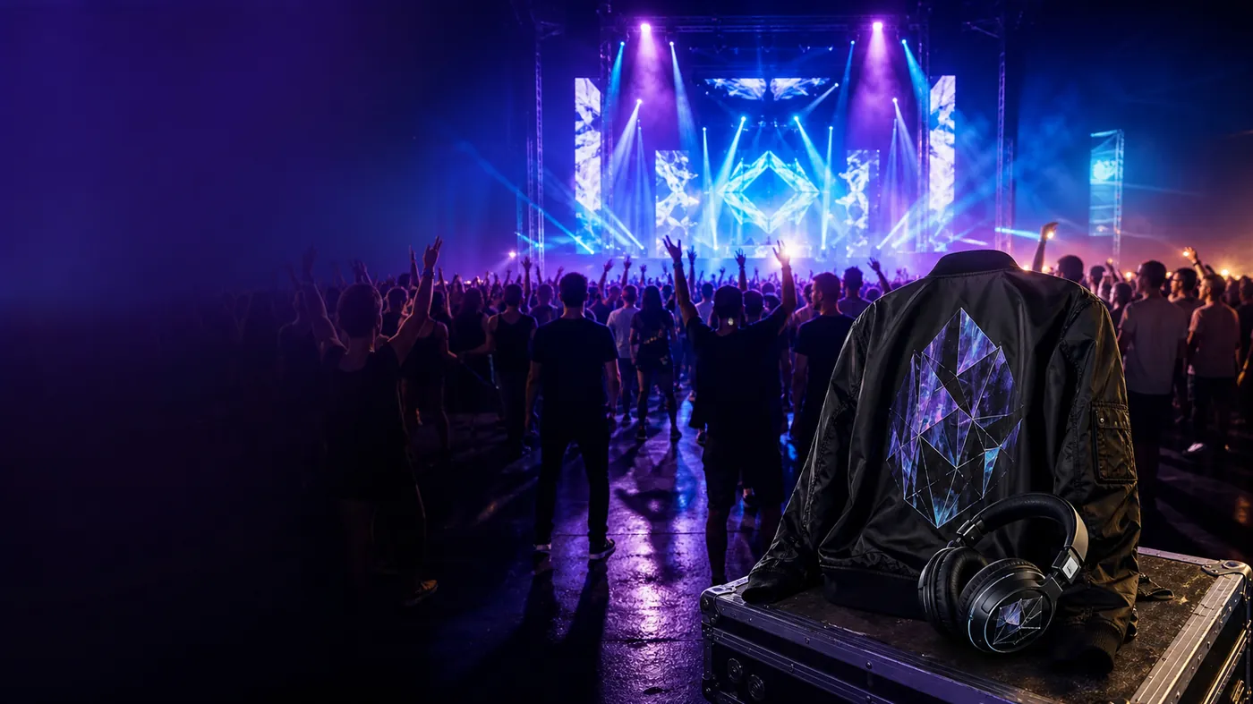 Live electronic music crowd and merchandise in a vivid violet venue atmosphere