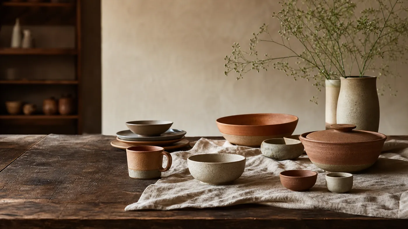 Handmade terracotta and stoneware ceramics on raw linen over dark reclaimed wood