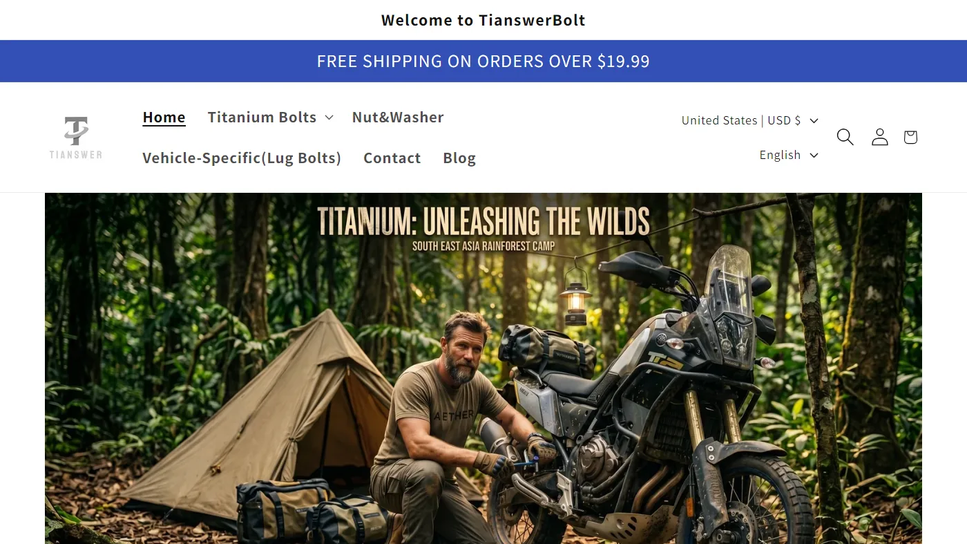 The Tianswer storefront: titanium bolts promoted over a motorcycle camping photograph.