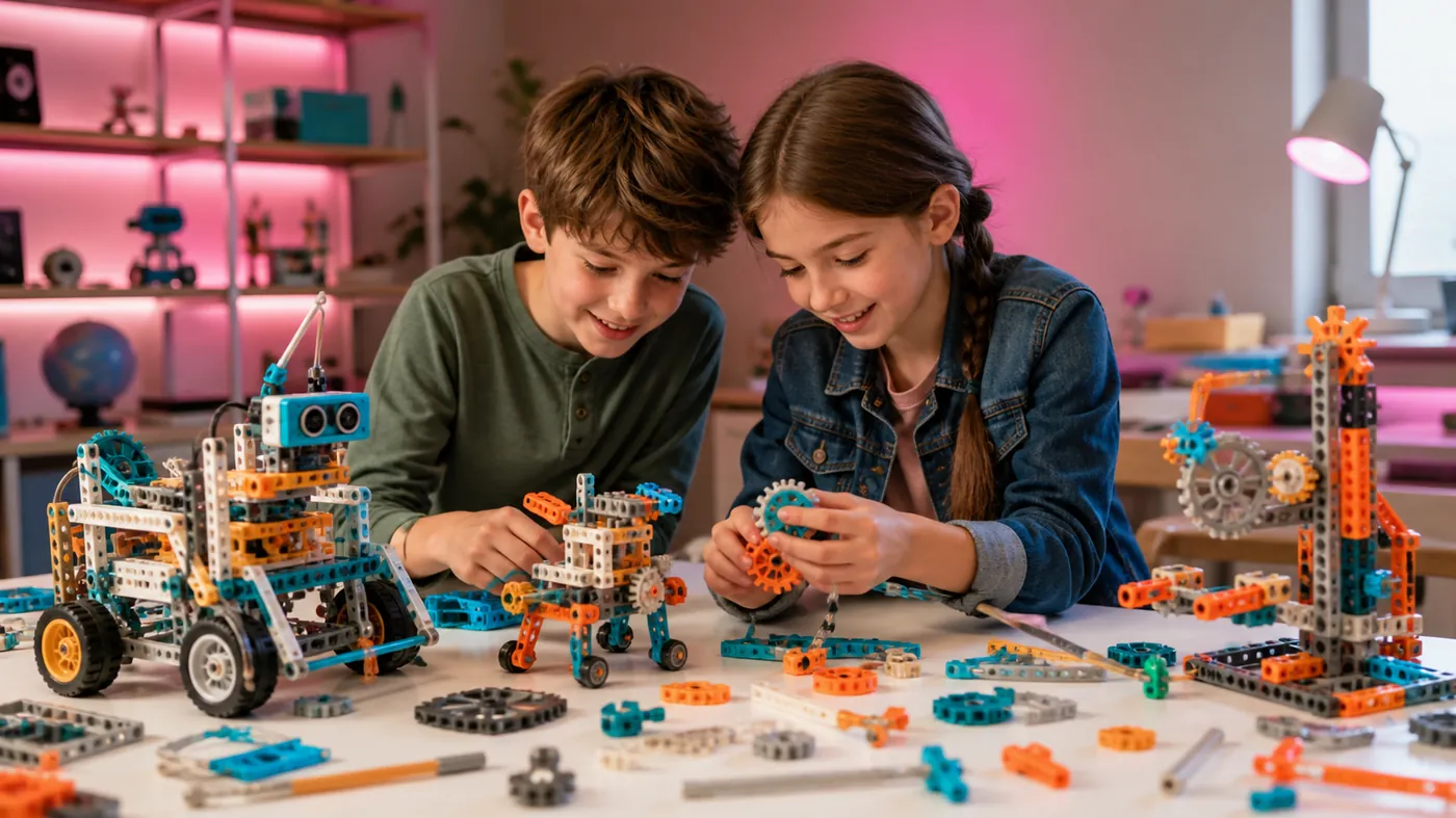STEM robotics kits, gears, and colorful building blocks on a bright desk with a soft pink accent glow