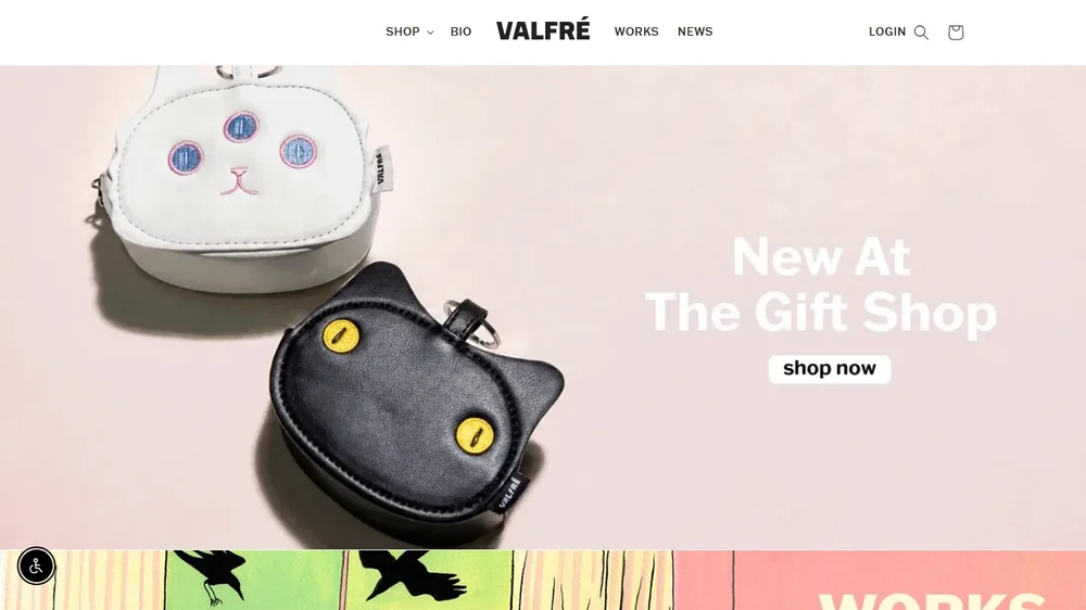 The Valfré homepage: five illustrated coin purses on a beige surface under a pink satin drape, captioned New At The Gift Shop.