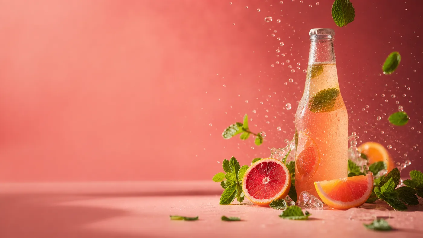 Frosted bottle of botanical sparkling drink with splashing droplets, mint and citrus suspended in magenta-lit studio