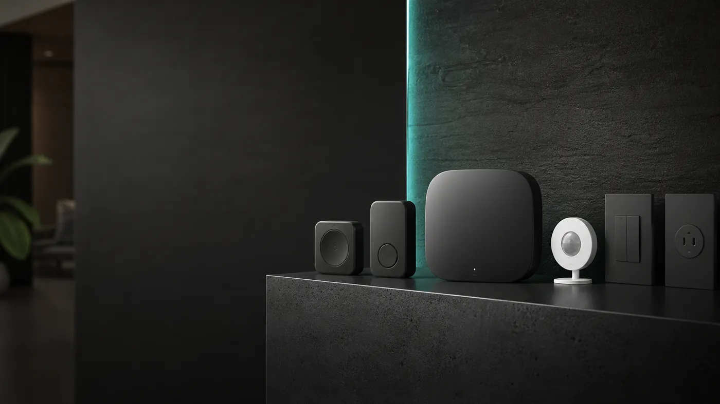 Matte smart-home hub and wall sensors on a dark architectural surface with teal edge glow