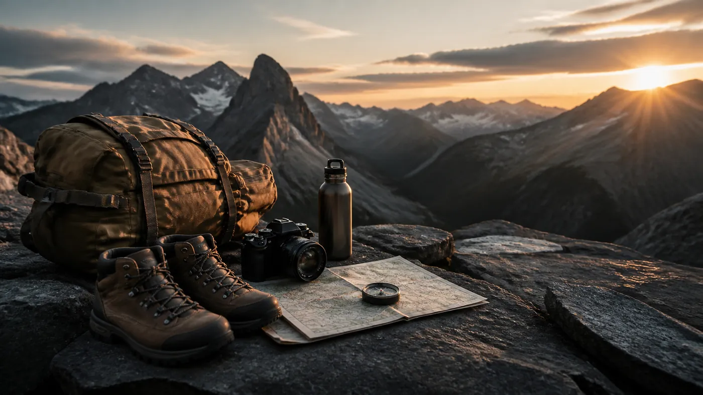 Travel duffel, camera, map, compass and boots on dark slate with a distant mountain silhouette