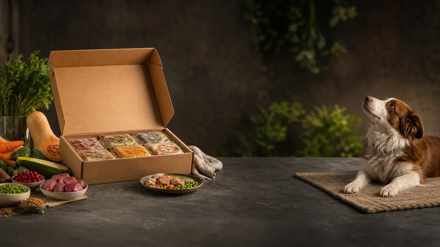 Open kraft subscription box with portioned natural pet food and fresh ingredients on dark slate with lime glow